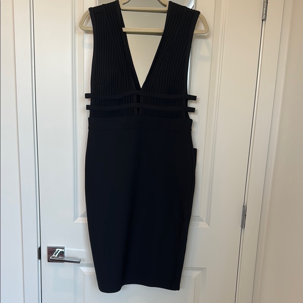 Bebe Black Sheath Midi Dress with Plunge Neckline